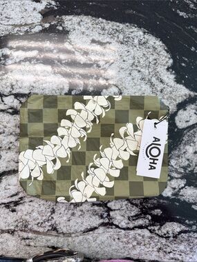 ALOHA Collection Small Olive Green & White Floral Cosmetic Pouch